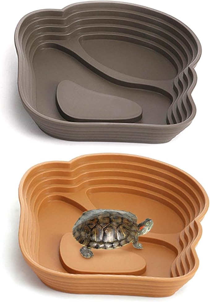 Reptile Bathing Pool, 2PCS Plastic Reptile Water Dish with Ramp Easy Climbing Turtle Water Bowl for Gecko, Snake, Turtle, Bearded Dragon, Lizard, 6.4x4.8in