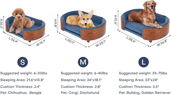Elevated Dog Bed Pet Sofa with Solid Wood Legs and Bent Soft Backrest, Pet Cat Stool Bed with Velvet Cushion,for Small and Medium Size Dogs Kitten, Light Gray, Small Size