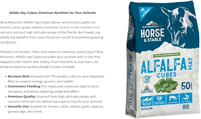 Blue Mountain Hay High-Altitude Alfalfa Hay Cubes Easy Flake Box (50 lb),Leafy Texture, High Protein Fiber & Minerals, Easy Storage Feed Solution for Homestead Use
