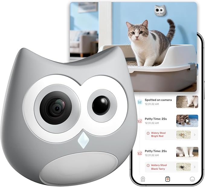 Litter Box Camera – AI Cat Health Monitoring, Records Cat's Toileting Behavior, Abnormal Alerts, Fits Automatic & Standard Litter Boxes, Multi-Cat Support, Cat Cam with Night Mode(Grey)