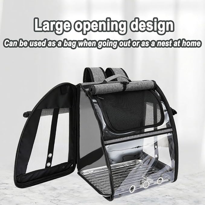 Bird Travel Cage Backpack - Portable Transparent Carrier with Standing Perch, Stainless Steel Mesh and Feeder Cups for Small Birds Like Parrot Parakeet(Grey)
