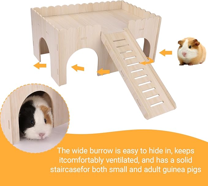 Large Wood Guinea Pig Hideout, 4 Doors Upgraded Guinea Pigs House with Ramp, Easy to Assemble Castle Detachable Small Animal House Bed Hut Habitats for Hamster Hideout/Rabbit/Chinchilla Hideout