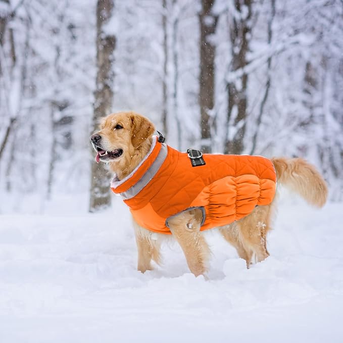 Lelepet Dog Coat Warm Dog Winter Coat Waterproof Dogs Jacket with Harness Built in Reflective Pet Fleece Vest Zip-Up Cold Weather Coats for Small Dogs Turtleneck & Windproof Yorkie Blaze Orange S