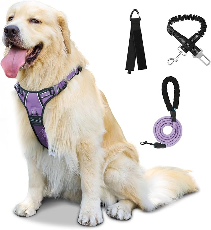 FURRYFECTION Plaid Dog Harness for Large Dogs, Reflective No Pull Adjustable Pet Vest with Front Clip, Leash, Easy Control Handle and Seat Belt, Lilac, L