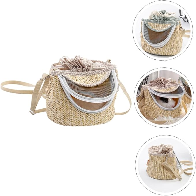 Pets Go Out Backpack for Small Animals Breathable Hamster Carrier with Ventilated Gauze Stylish Straw-Woven Design for Comfortable Travel and Outdoor Adventures