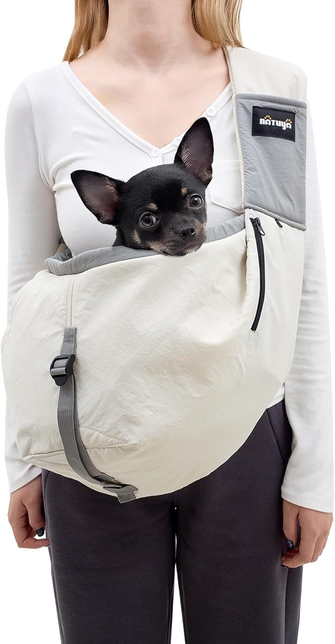 NATUYA Dog Sling Carrier for Small Dogs, Lightweight Cozy Puppy Carrier with Zip Pockets Adjust Strap, Size Adjustable, Double Safety, Hands-Free Travel Carrier for Pet Under 15lbs