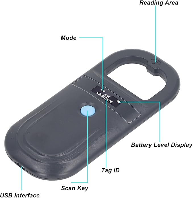 Pet Microchip Reader, Animal ID Microchip Scanner 134.2KHz, Supports ISO11784 85 FDX B ID64 Microchip EMID, Pet Chip ID Scanner with LED Display, Buzzer, USB Charging for Cat Dog