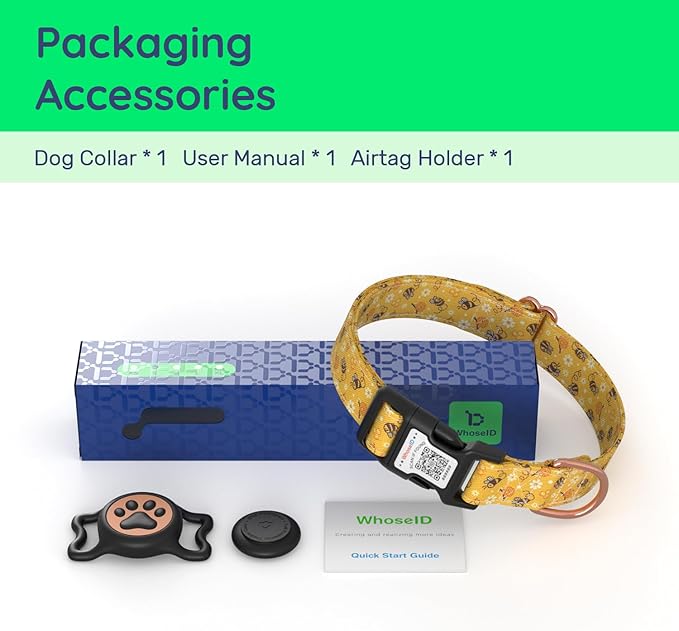 WhoseID Airtag Dog Collar,with Waterproof airtag Holder，Original Stylish Cute Pattern Design.QR Code ID Buckle，Comfortable Soft Cotton for Small Medium Large Dogs