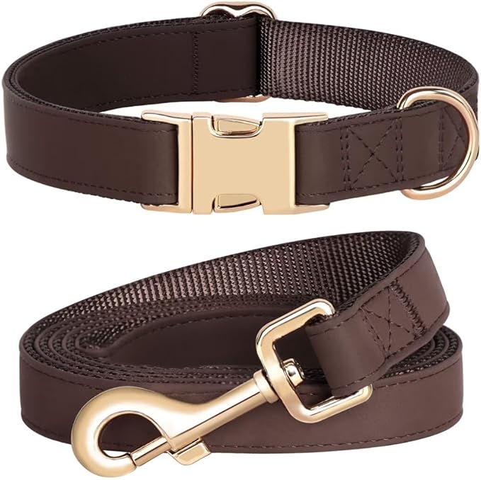 PET ARTIST Soft PU Leather Dog Collar and Leash Set, Bright & Stylish 5FT PU Leather Leash and Collar Set, Durable Pet Collars with Quick Release Metal Buckle for Small Dogs,Brown,S(9"-14")