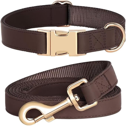 PET ARTIST Soft PU Leather Dog Collar and Leash Set, Bright & Stylish 5FT PU Leather Leash and Collar Set, Durable Pet Collars with Quick Release Metal Buckle for Small Dogs,Brown,S(9"-14")