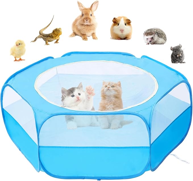 Small Animal Playpen with Cover, Portable Pop Up Pet Enclosure for Rabbits, Guinea Pigs, Hamsters, Chinchillas, Ferrets & Kittens, Indoor Outdoor Waterproof Play Pen, Cage Tent & Chick Brooder Box