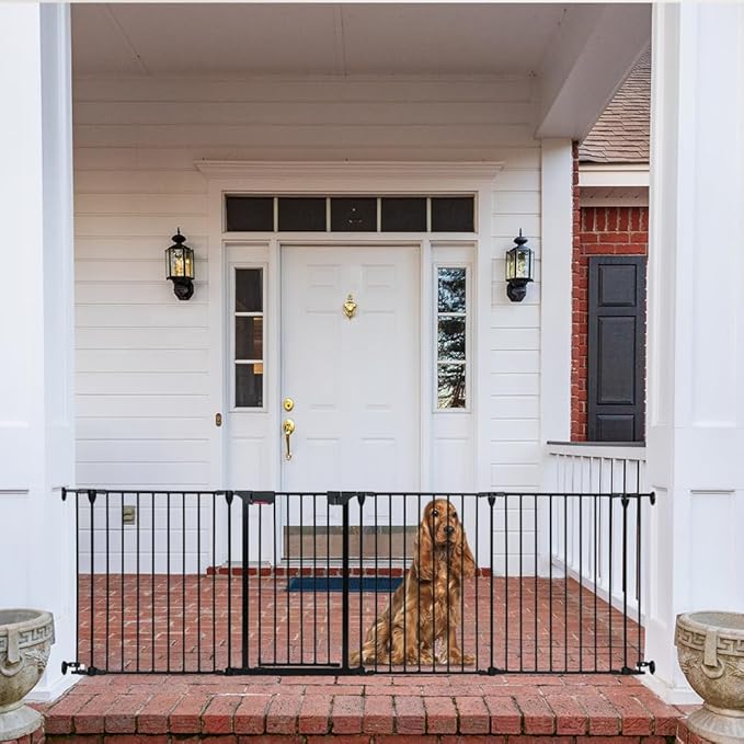 AGESISI Freestanding Dog Gates with Door Walk Through, Extra Wide Doggy Door 100" W x 29" H Pet Gate Safty 4 Panels Dog Fence for Stairs, Doorways