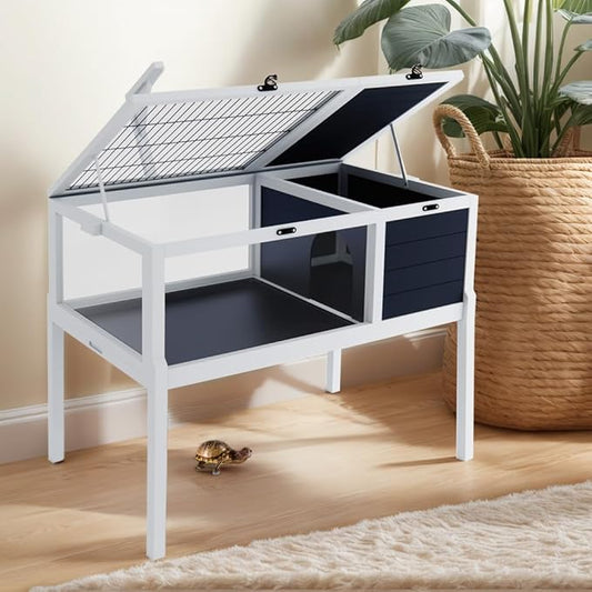 Turtle Habitat Enclosure, Large Wooden Tortoise House for Indoor and Outdoor Use, Reptile Enclosure with Openable Roof & Secure Locking System (Grey)