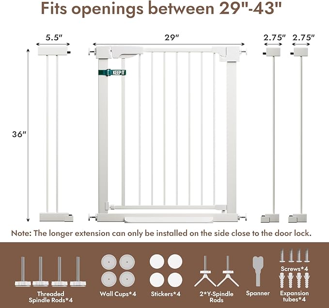 29-43" Baby Gate for Stairs, 36" Tall Dog Gate Indoor, Pressure Mountd Baby Gates with Auto-Close/Hold-Open Features and Anti-Trip Pedal, Safety Kids Gate for Doorways, House, Stairs