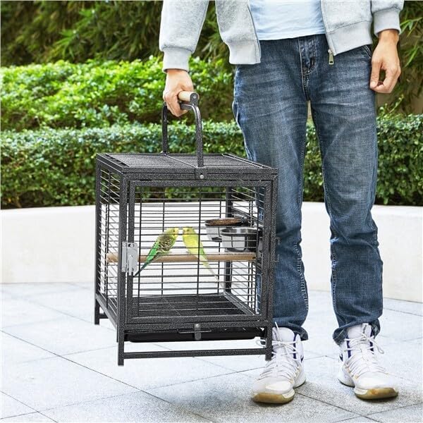 26inch Portable Wrought Iron Bird Cage Travel Bird Carrier Parrot Cage with Wooden Handle