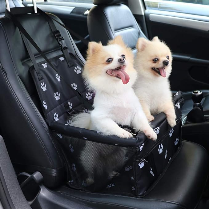 Petbobi Pet Reinforce Car Booster Seat for Dog Cat Portable and Breathable Bag with Seat Belt Dog Carrier Safety Stable for Travel Look Out,with Clip on Leash with PVC Tube (Foot)