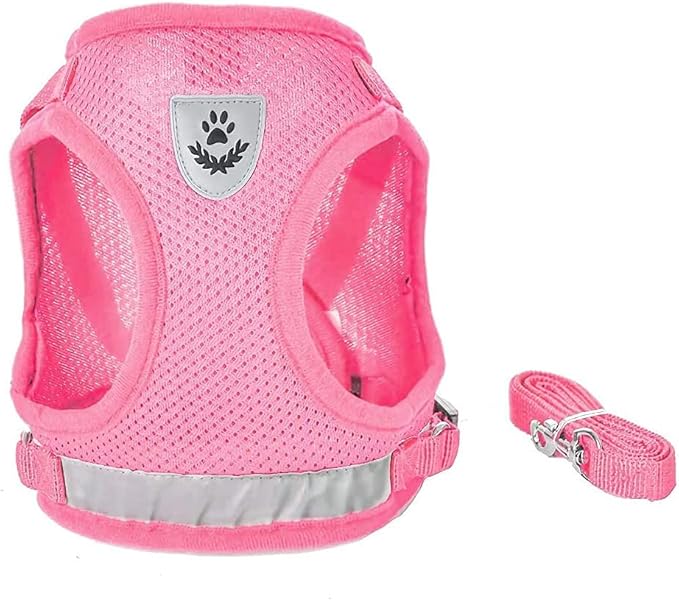 FEimaX Dog Harness and Leash Set for Walking, Soft Mesh Adjustable Easy Control Lightweight Cat Vest Harnesses with Reflective Strips, Escape Proof Small Dogs Cats Vests (Pink, Large)