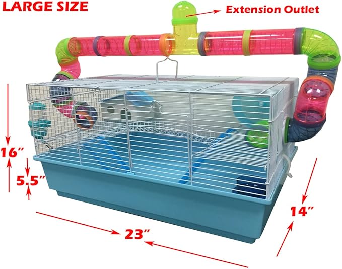 EXTRA LARGE 23" Habitat Hamster Rodent Gerbil Mouse Mice Rat Wire Cage Long Crossing Tube & Deep Tray Expandable and Customizable Hide House Excerise Running Wheel Water Bottle Food Dish