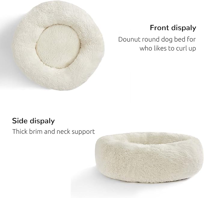 HACHIKITTY Calming Donut Cuddler Dog Bed, Round Fluffy Pet Bed for Large Dogs,Washable, Large, White, 30''
