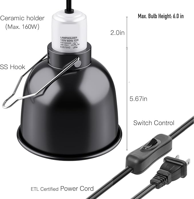 MRREPTILE Reptile Light Fixture – 5.5'' Deep Dome Lamp with Ceramic Socket – Dual Use for Heat Emitter & Basking Bulbs & UVB Bulbs – Ideal for Bearded Dragon, Snake, Chameleon, Turtle & Terrarium