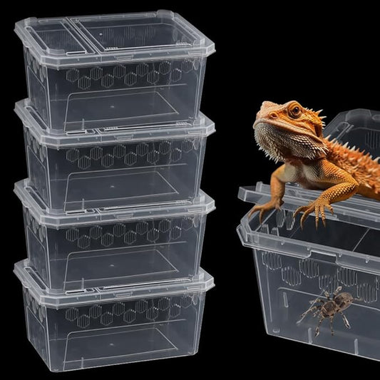 4 Pack Reptile Feeding Box Breeding Box Transparent Cage Habitat Hatching Container for Reptile Spider Scorpion Gecko Tortoise Treefrog