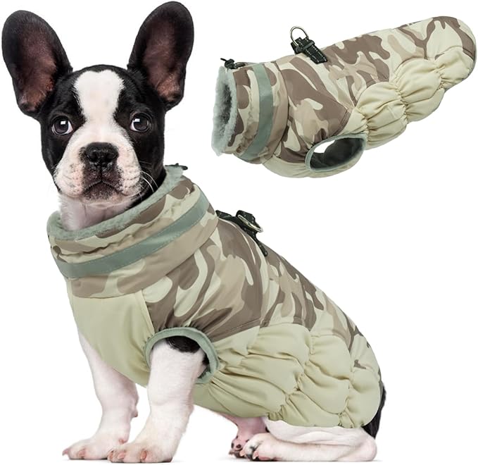 Lelepet Warm Dog Winter Coat Dog Coats for Small Dogs Waterproof Dogs Jacket with Harness Built in Reflective Cold Weather Coats Windproof Zip-Up Winter Fleece Vest Snowsuit Yorkie Desert Camo S