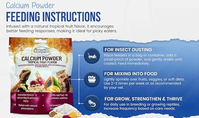 Calcium Powder - Tropical Fruit Flavor - for Lizards, Bearded Dragons, Crested Geckos, and Feeder Insects. Nutritious, 100% Natural, Tasty
