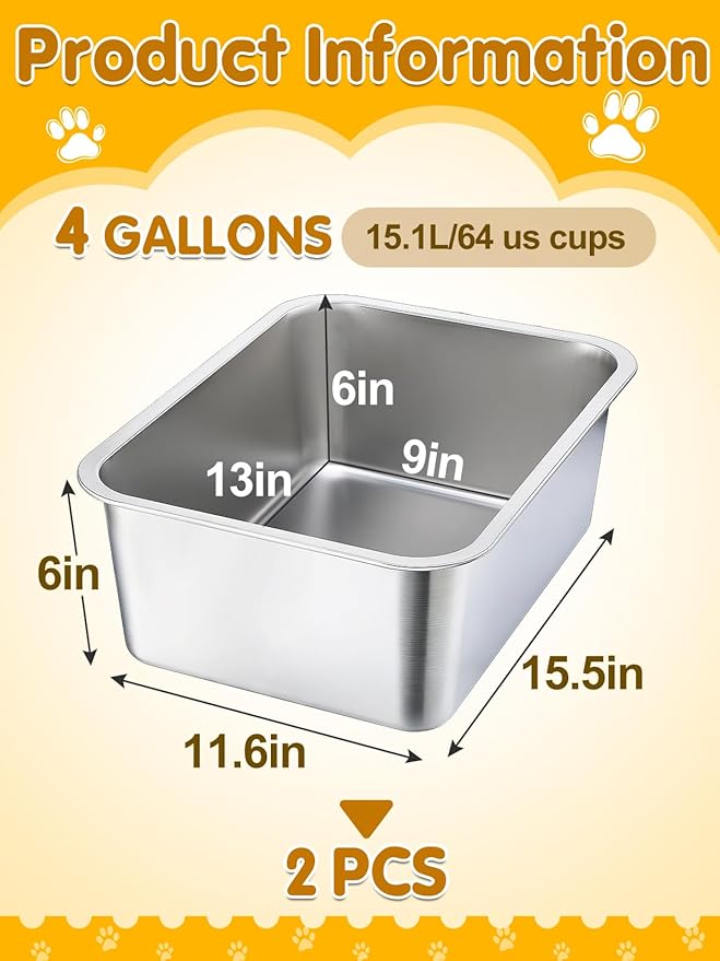 2 Pcs 4 Gallons Extra Large Dog Water Bowl - Durable Reusable Stainless Steel Dog Bowl, High Capacity Water and Food Bowls for Household with Multiple Large Dogs Indoor Outdoor