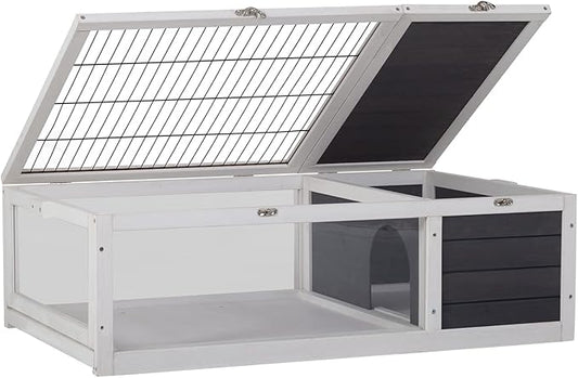Wooden Tortoise Habitat Indoor & Outdoor Large Transparent Tortoise Enclosure in Gray with Rest Area, Activity Area and Removable Tray for Small and Medium-Sized Animals