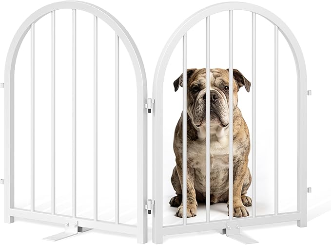 PUPETPO Full Metal Dog Gate for Indoor Outdoor, 24" Tall Free Standing Pet Dog Fence, 36" Wide Arched Pet Gates for Stairs, Hallways, Doorways, Kitchen, Decks, Yards (White, 2 Panels)