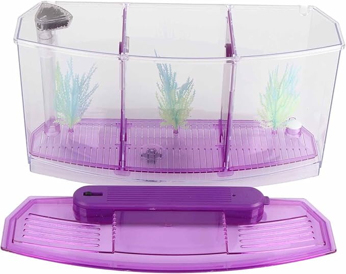 Betta Fish Tank, Adjustable Light Breeding Fish Tank with LED Light,Incubator Mini Fish Tank LED Acrylic Three Divisions Breeding Isolation Box for Small Fishes(Purple)