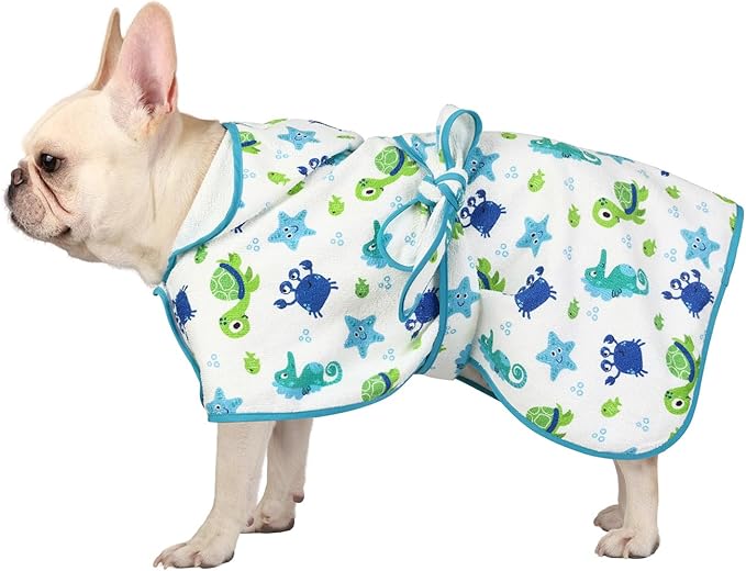 HDE Dog Bathrobe Super Absorbent Quick Drying Puppy Towel Wrap Coat Adjustable After Bath Robes with Hood for Dog Sizes S-XXL Sea Animals S