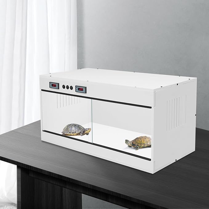 Reptile Breeding Box, Dual-Zone Temperature Controlled Terrarium Precision Thermostat Large PVC Glass Habitat with 3 E27 Lighting Heating Enclosure for Reptile Incubation Daily Feeding Display (White)
