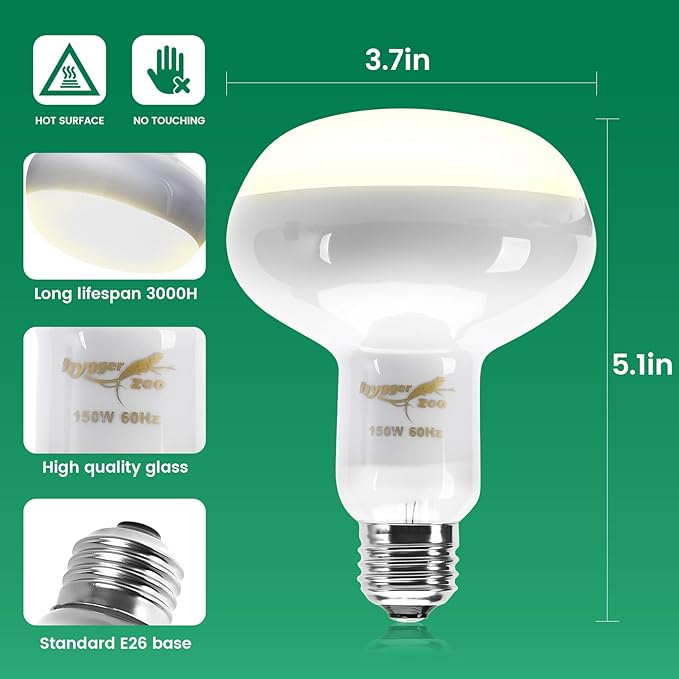 Reptile Heat Lamp Bulbs 150W (2-Pack) – Efficient Heating & Simulated Sunlight Basking Light for Amphibians, Bearded Dragon, Lizard, Turtle, Chicken – E26 Base