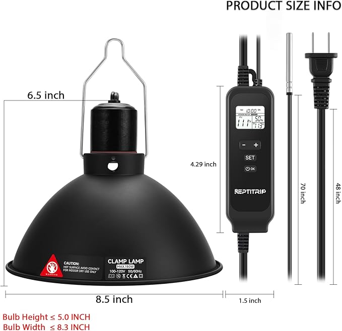 8.5-Inch Reptile Heat Lamp Fixture with PID Thermostat & 150W Ceramic Heat Emitter (Non-Light Emitting), Independent Day & Night Temperatures, Lampshade MAX 150W