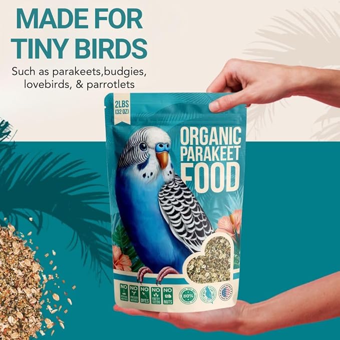Organic Parakeet Food - No Fillers, Fatty Seeds, or Dyes - Budgies, Lovebirds & Parrotlets - Premium Human Grade Seed Mix, Grain & Wholesome Veggies – Made in USA (2 lbs)