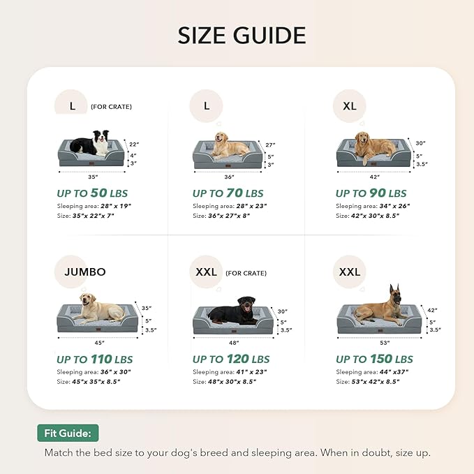 Orthopedic XL Dog Beds, Waterproof Memory Foam Big Bolster Pet Bed for Extra Large Sized Dogs 45x35Inch, Non-Slip Bottom and Egg-Crate Foam Dog Couch Bed with Washable Removable Cover, Grey