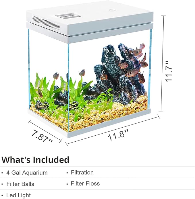Fish Tank, 4 Gallon Nano-Aquarium, Upgrade Filter System and LED Light, for Freshwater & Marine, Filter Balls Included (4 Gal)