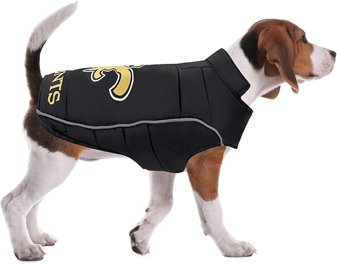 NFL New Orleans Saints Puffer Vest for Dogs & Cats, Size Medium. Warm, Cozy, and Waterproof Dog Coat, for Small and Large Dogs/Cats. Best NFL Licensed PET Warming Sports Jacket