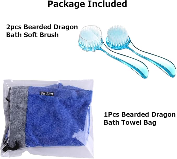 Bearded Dragon Bathing Essentials Kit - Fast Drying Absorbent Towel Bag & 2PC Reptile Brushes Comprehensive Accessories for Gecko, Lizard, Leopard Gecko (Blue)