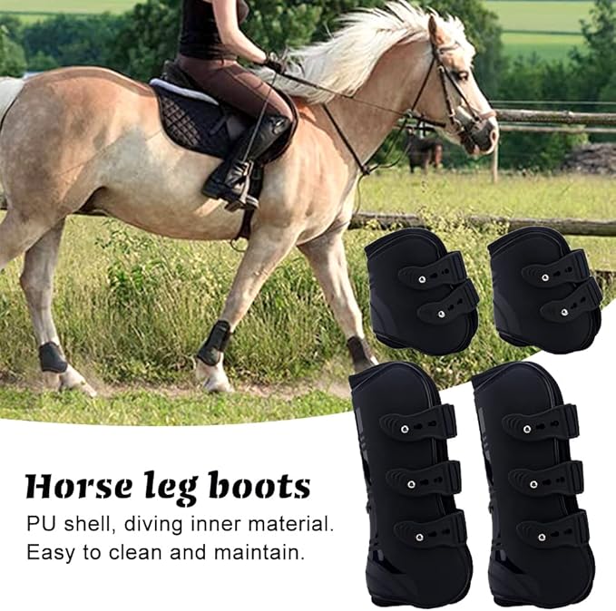 MAYiT Horse Tendon Boots (4 pcs - Front & Hind), PU Shell Tendon Fetlock Brace Guard Boots for Riding Shock Absorbing Jumping Competition Protection