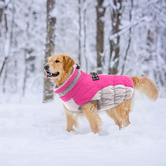 Lelepet Dog Coat Warm Dog Winter Coat Waterproof Dogs Jacket with Harness Built in Reflective Pet Fleece Vest Zip-Up Cold Weather Coats for Large Dogs Turtleneck & Windproof Coats Pitbull Rose Red 2XL