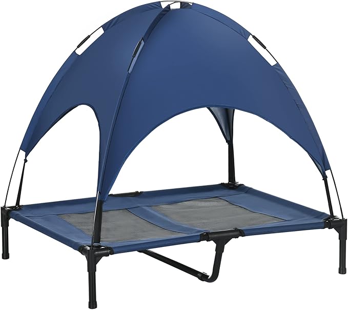 PawHut Elevated Dog Bed with Removable Canopy, Outdoor Dog Cot with UV Protection Canopy Shade, 36 inch Large Pet Bed for Camping, Dark Blue