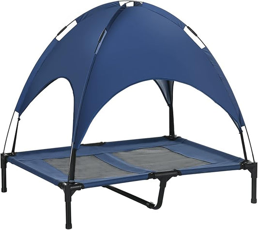 PawHut Elevated Dog Bed with Removable Canopy, Outdoor Dog Cot with UV Protection Canopy Shade, 36 inch Large Pet Bed for Camping, Dark Blue