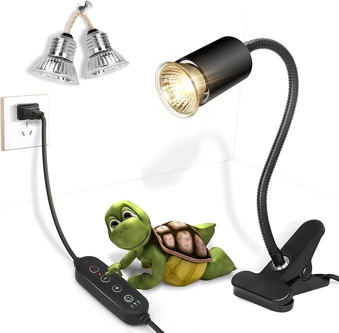 Timed Reptile Heat Lamp with Clamp, Adjustable UVA/UVB Basking Light, 360° Rotatable Clip and Power Adapter for Aquarium (Bulb Included)