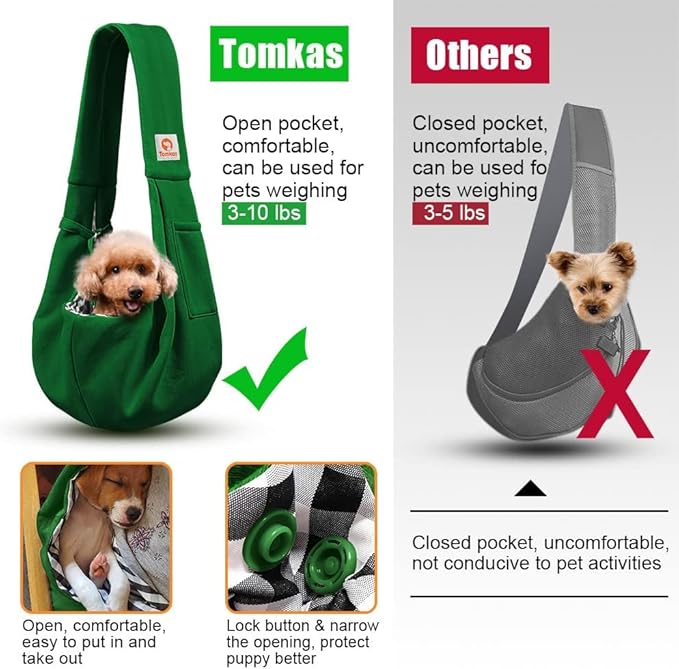 Tomkas Small Dog Sling Carrier - Zipper Pocket & Adjustable Strap & Zip Pocket - for 3-10 lbs Pets (Emerald Green, M - Classic Pocket & Classic Strap)