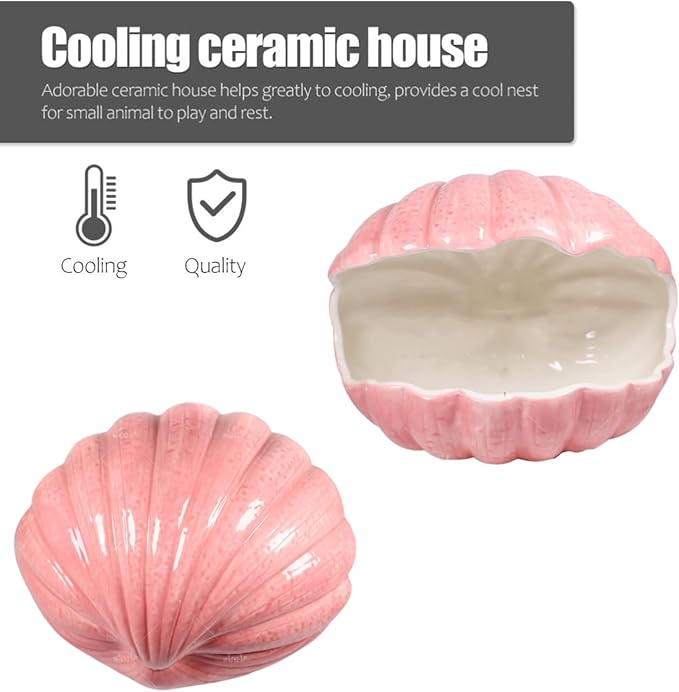 Small Animal Hideout Extra Large Ceramic Shell Shape Guinea Pig House Chinchilla Igloo Habitat Hut Cave Summer Bed Cage Accessories for Hedgehog Rabbit Hamster Gerbil Rat (XL (9.5''x7''x7.9''), Pink)