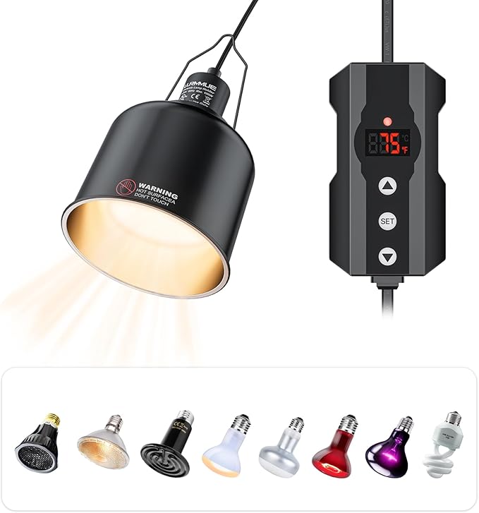 Reptile Heat Lamp Fixture 5.5" Deep Dome with Clamp & Digital Reptile Thermostat Controller, Ceramic Socket UVA UVB Basking Bulb Holder, PID Temp Control for Bearded Dragons Turtles Lizards Snakes