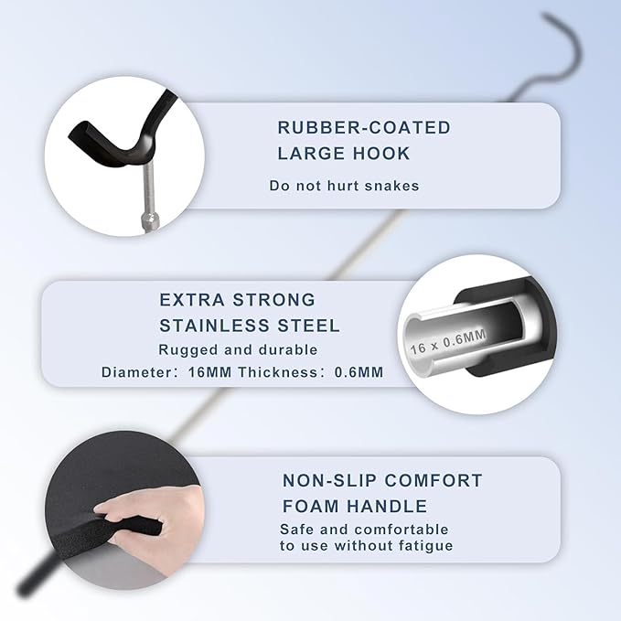 Snake Hook Heavy Duty, Snake Hook Retractable 35"-65" Catcher Hook for Rattlesnakes Ball Python Rattle Cobra Removal Non-Slip Foam Handle and Thickened Stainless Steel