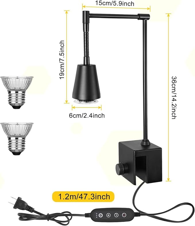Reptile Heat Lamps, 360 Rotatable Clamp on Dimmable UVA UVB Basking Spot Light Simulated Sunlight with Timing and 2Pcs E27 Bulbs for Aquarium Lizard Turtle Amphibians (US Plug)